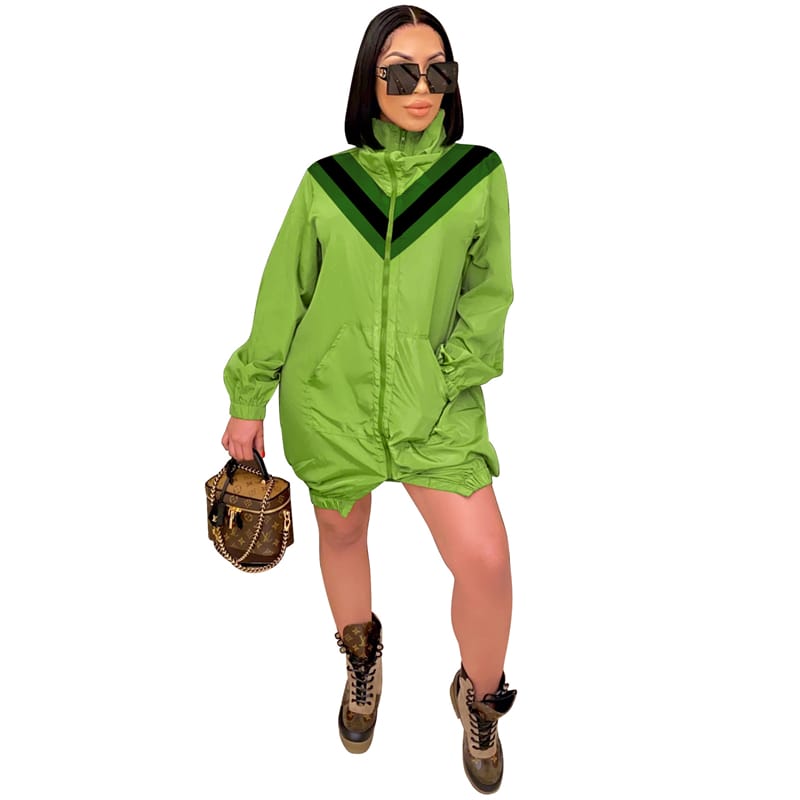 Athleisure Women Fashion Stand Collar Zipper Contrast Color Loose Coat