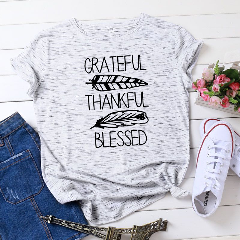 S-5XL Plus Size Vogue Thankful Bleesed Letters Printing T-Shirt