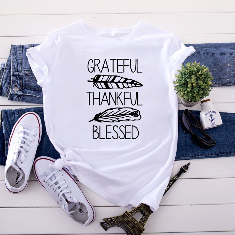 S-5XL Plus Size Vogue Thankful Bleesed Letters Printing T-Shirt