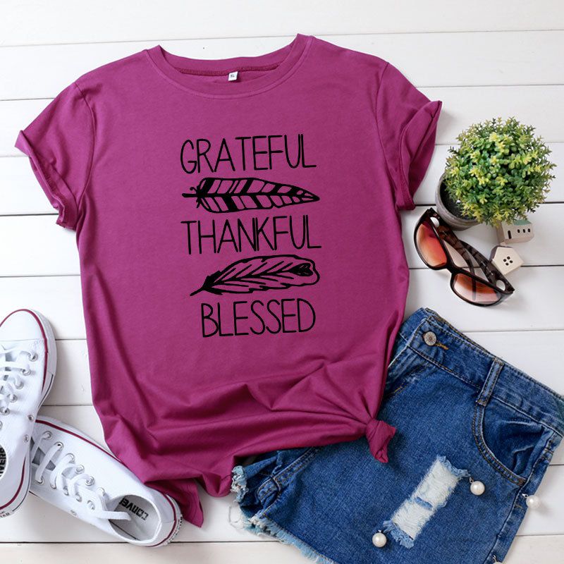 S-5XL Plus Size Vogue Thankful Bleesed Letters Printing T-Shirt