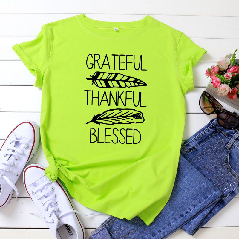 S-5XL Plus Size Vogue Thankful Bleesed Letters Printing T-Shirt