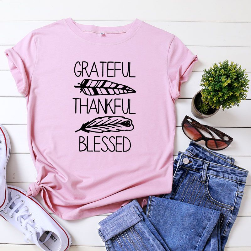 S-5XL Plus Size Vogue Thankful Bleesed Letters Printing T-Shirt