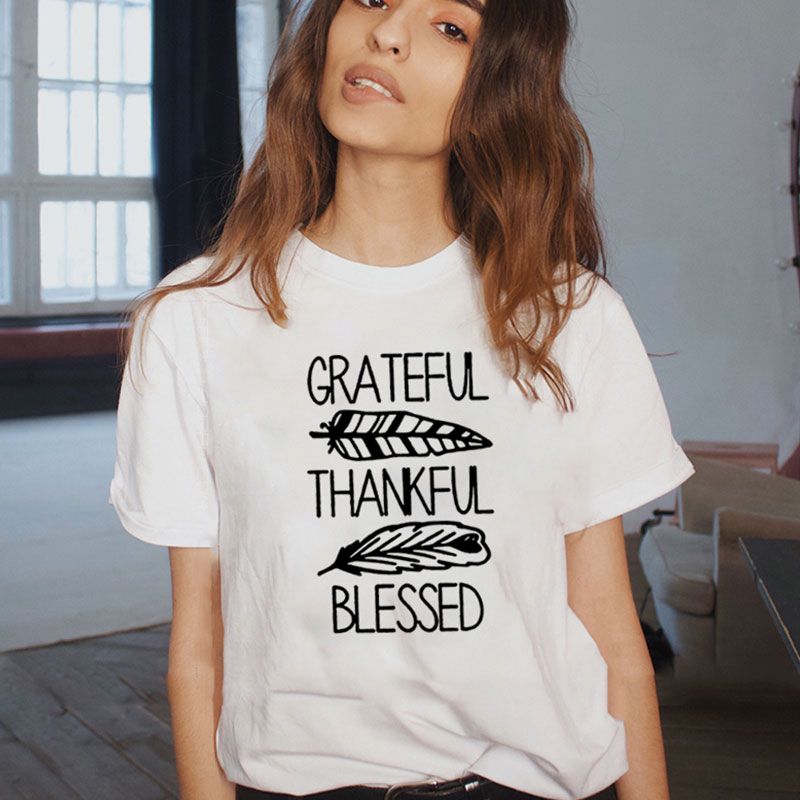 S-5XL Plus Size Vogue Thankful Bleesed Letters Printing T-Shirt