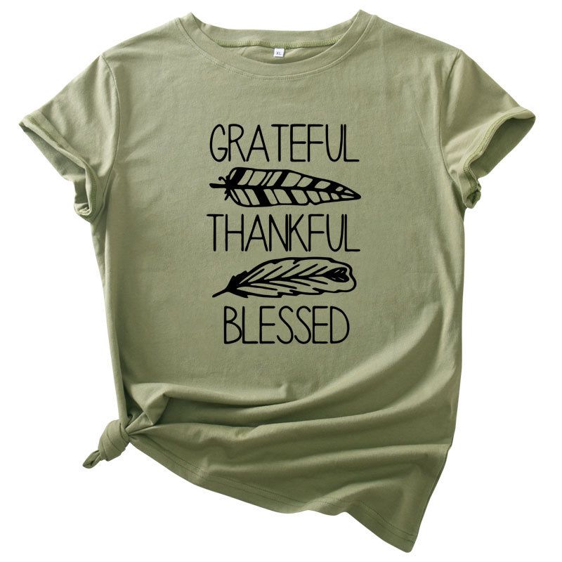 S-5XL Plus Size Vogue Thankful Bleesed Letters Printing T-Shirt