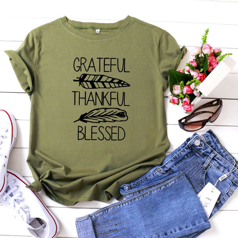 S-5XL Plus Size Vogue Thankful Bleesed Letters Printing T-Shirt