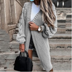 Women Solid Color Loose Long-Sleeved Knitted Cardigan Over Coat