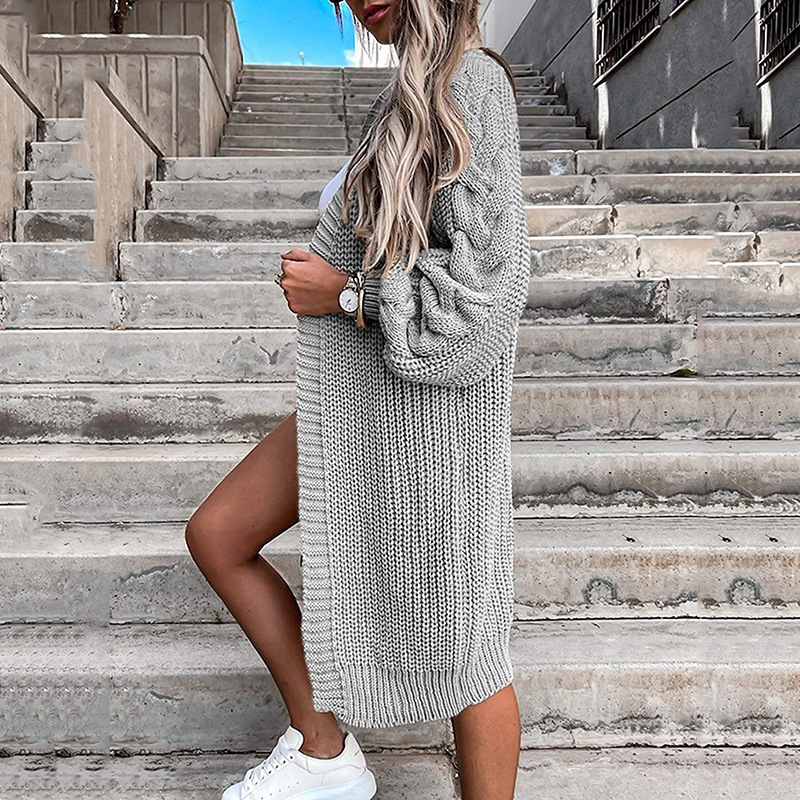 Women Solid Color Loose Long-Sleeved Knitted Cardigan Over Coat