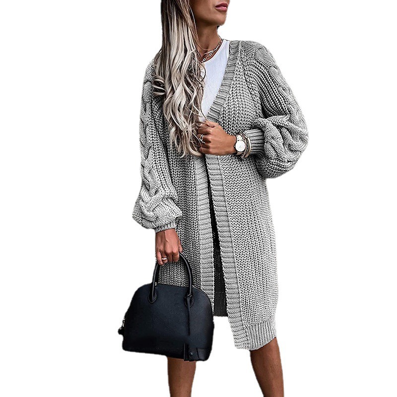 Women Solid Color Loose Long-Sleeved Knitted Cardigan Over Coat