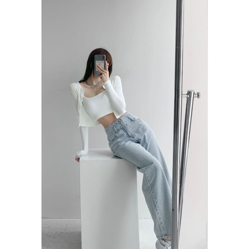 Women Fashion Casual High Waisted Button Wide Leg Straight Jeans