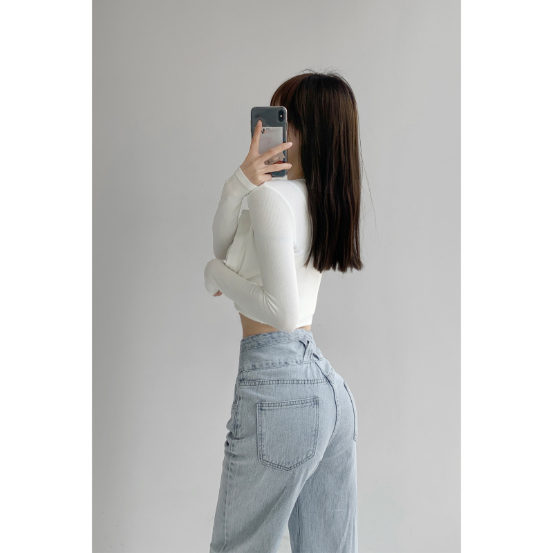 Women Fashion Casual High Waisted Button Wide Leg Straight Jeans