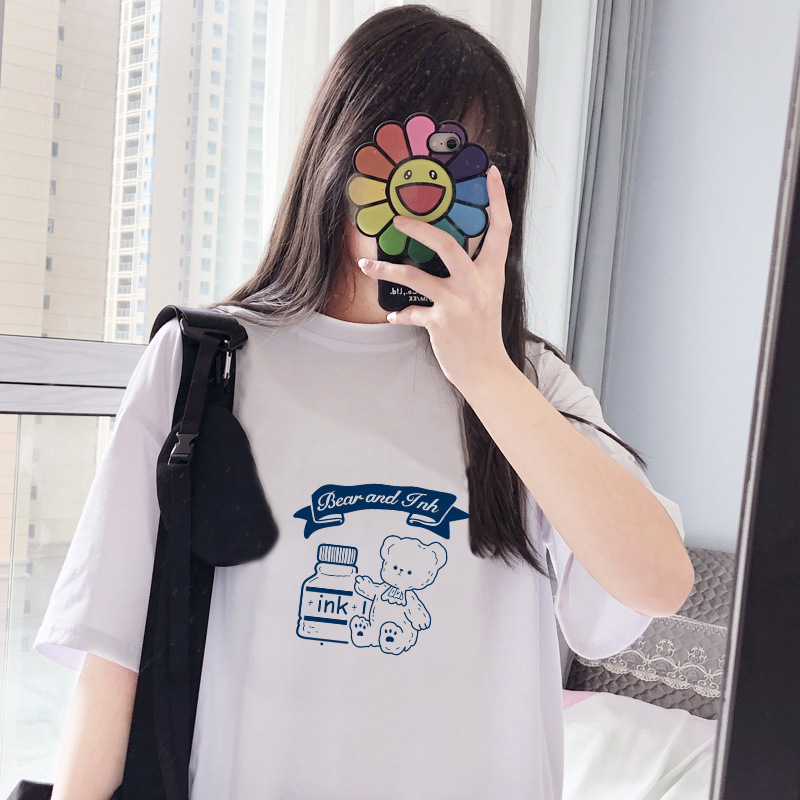 Women Fashion Cartoon Bear Girl Printed Round Neck Short Sleeve T-Shirt