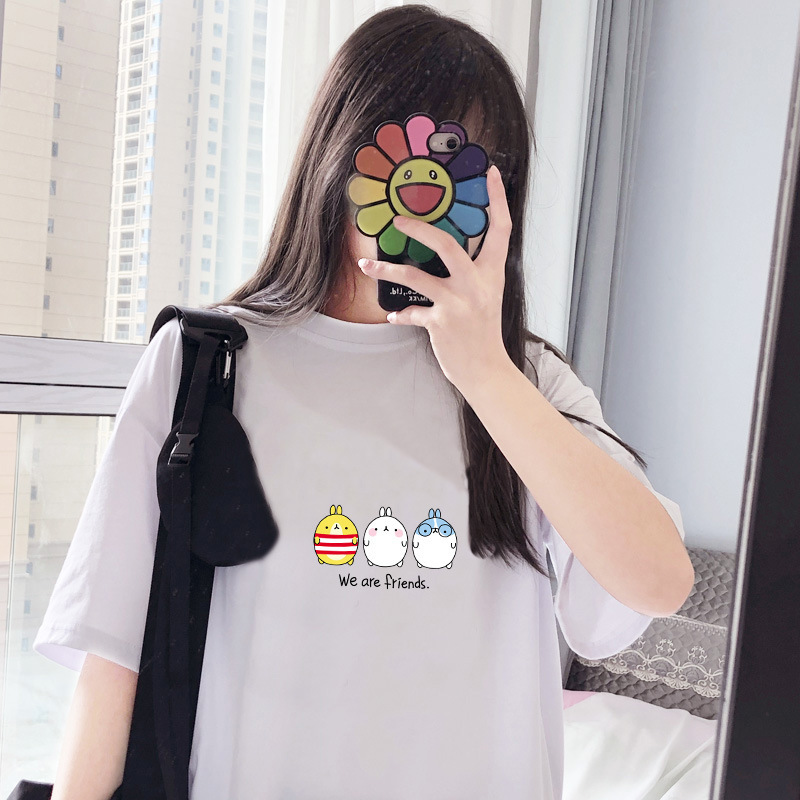 Women Fashion Cartoon Bear Girl Printed Round Neck Short Sleeve T-Shirt