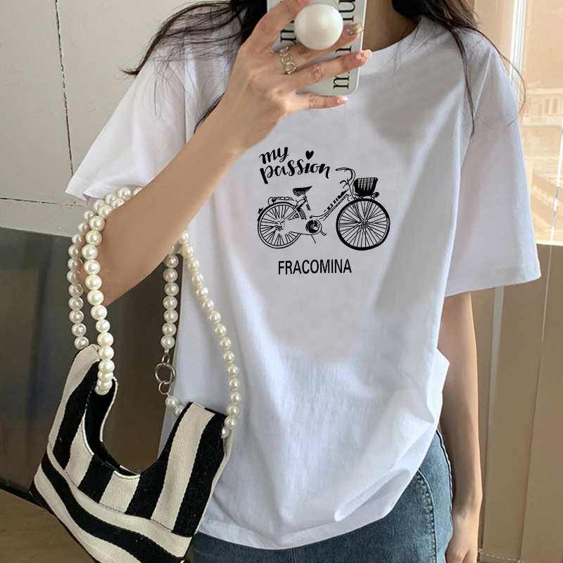 Women Fashion Loose Cycling Letter Print Round Neck Short Sleeve T-Shirt