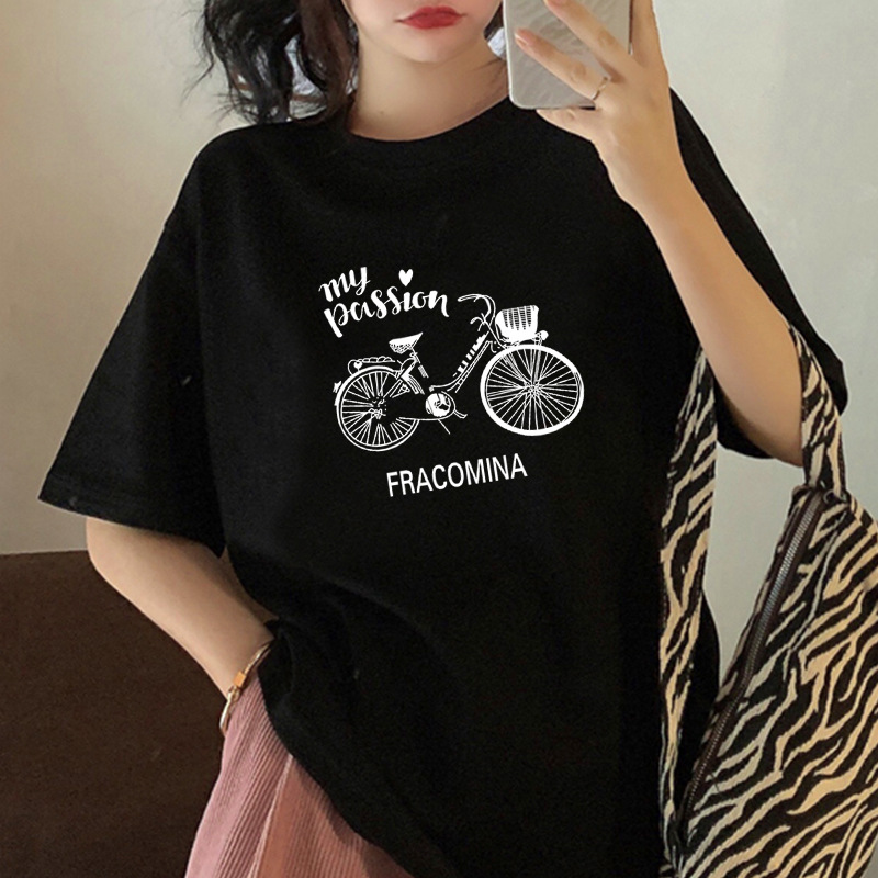 Women Fashion Loose Cycling Letter Print Round Neck Short Sleeve T-Shirt