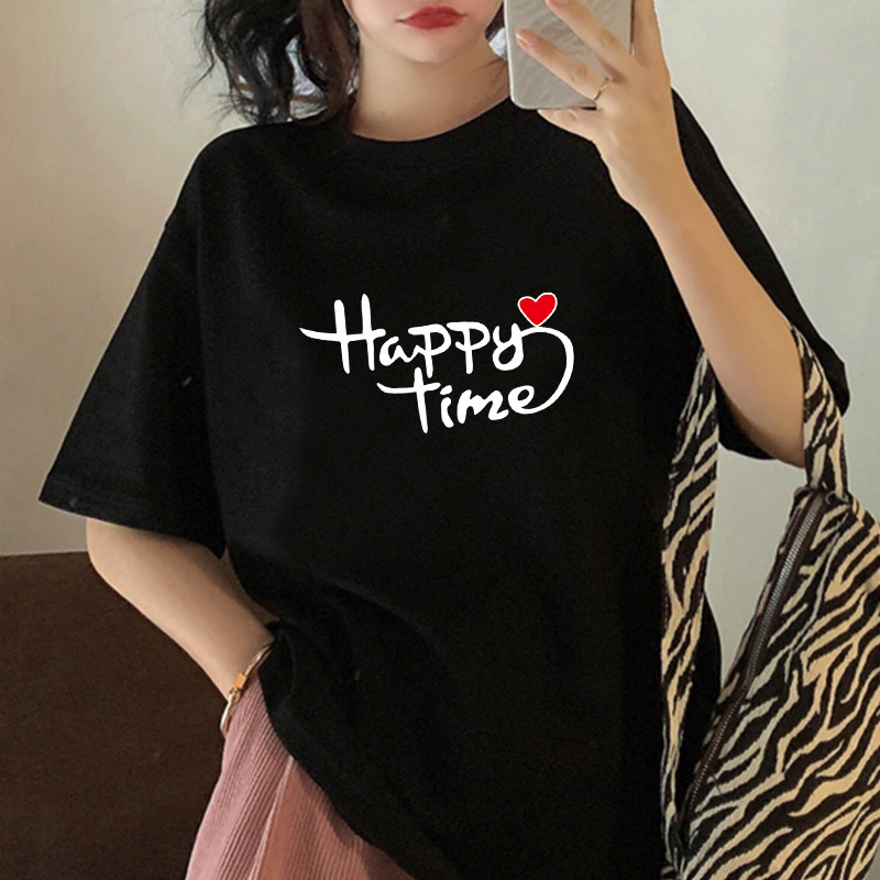 Women Fashion Loose Cycling Letter Print Round Neck Short Sleeve T-Shirt