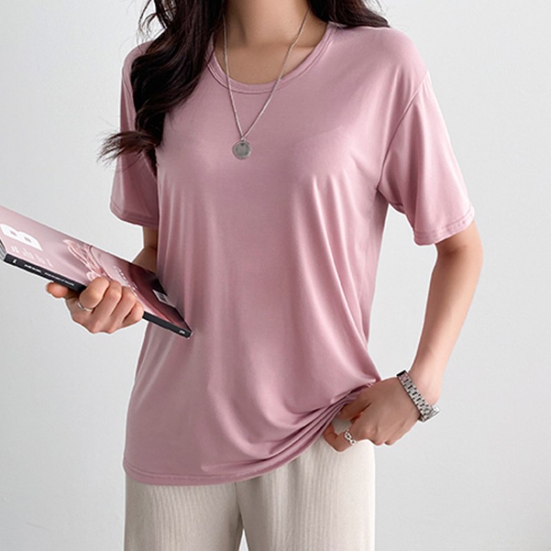 Women Simple Basic Solid Color Short Sleeve Round ...