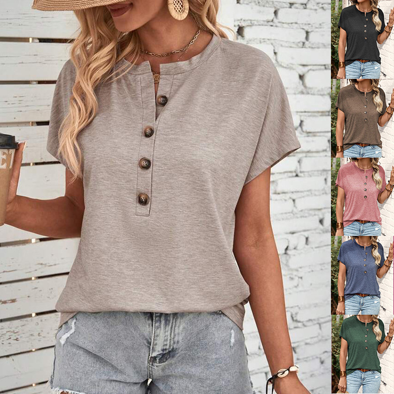 Women Casual Short Sleeve Buttoned Round Neck T-Sh...