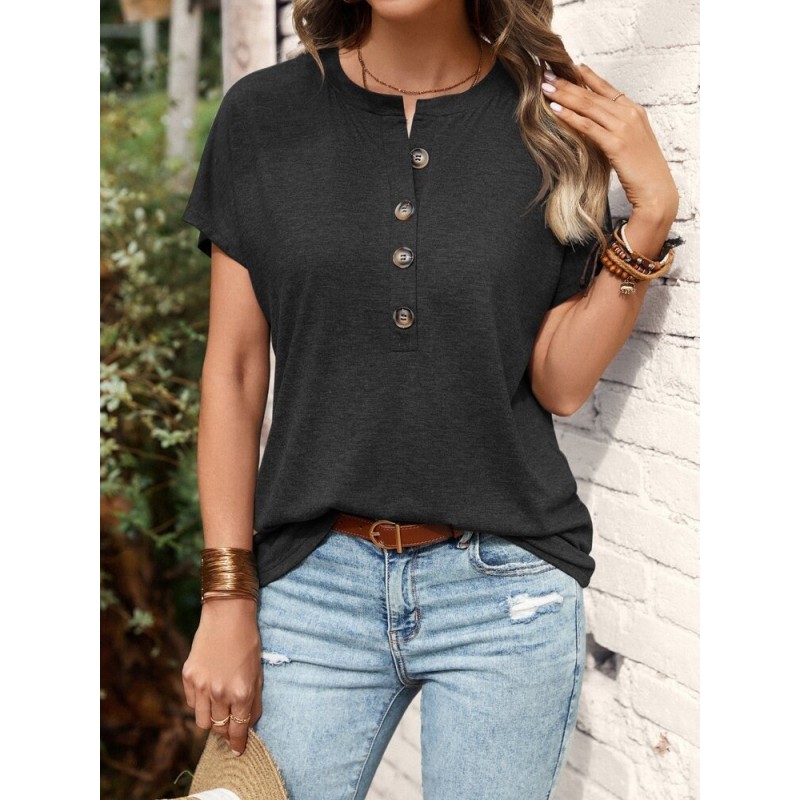 Women Casual Short Sleeve Buttoned Round Neck T-Shirt