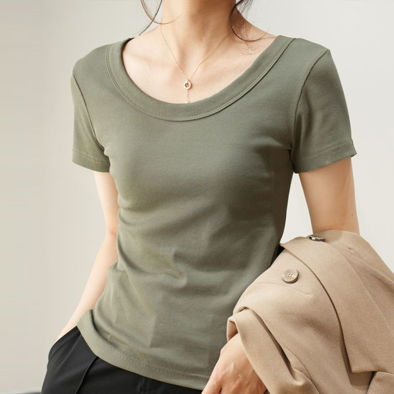 Women Casual Basic Comfortable Cotton U Neck Short Sleeve Rib-Knit T-Shirt