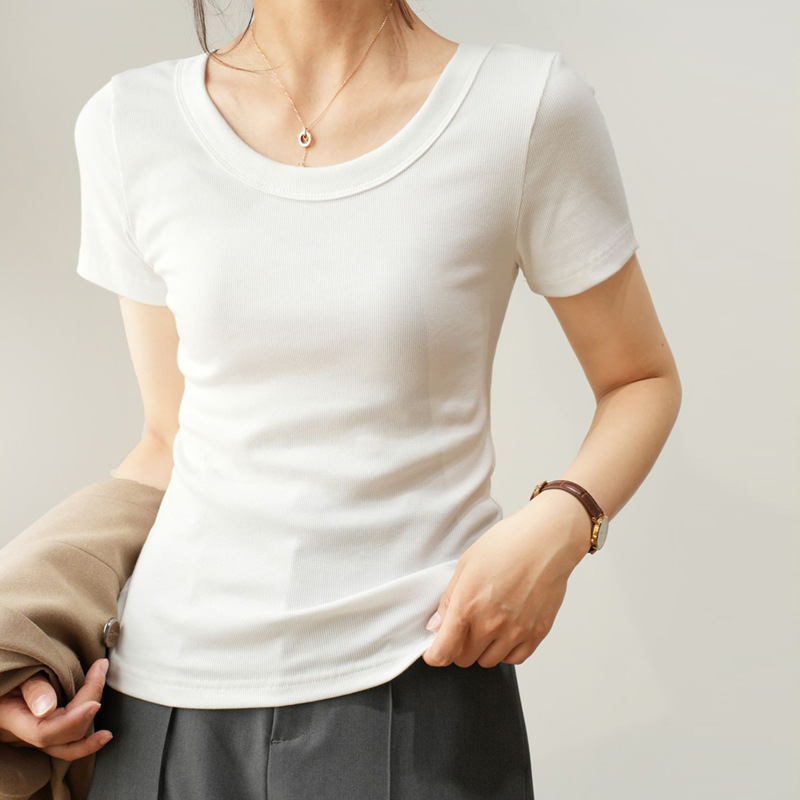 Women Casual Basic Comfortable Cotton U Neck Short Sleeve Rib-Knit T-Shirt