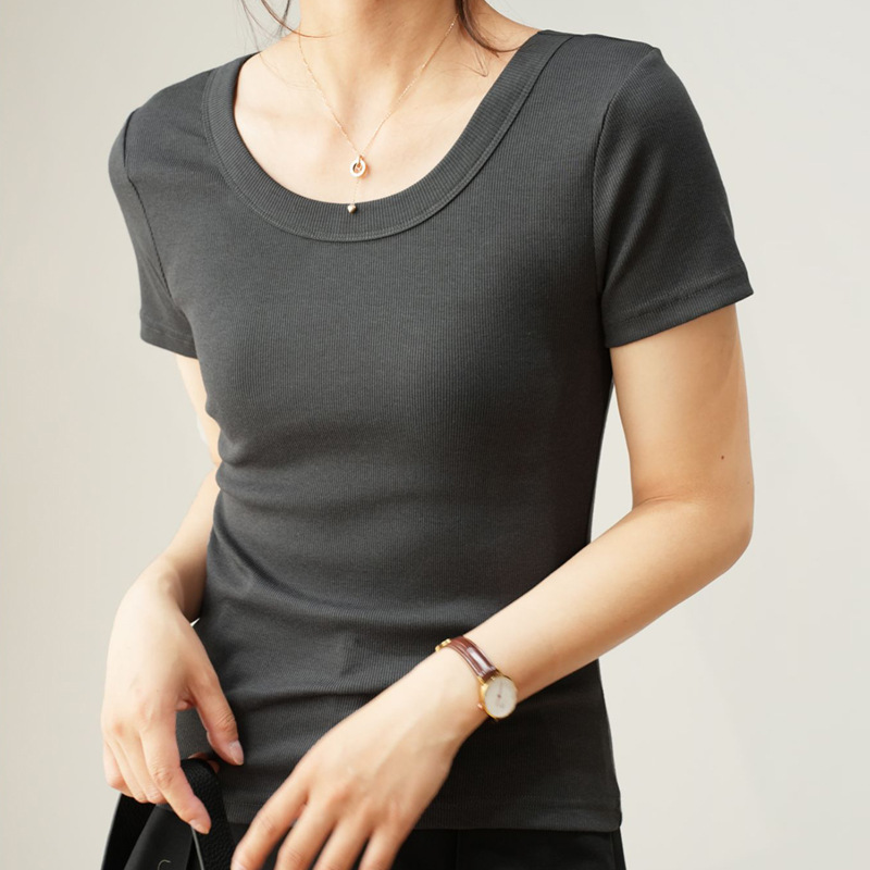 Women Casual Basic Comfortable Cotton U Neck Short Sleeve Rib-Knit T-Shirt