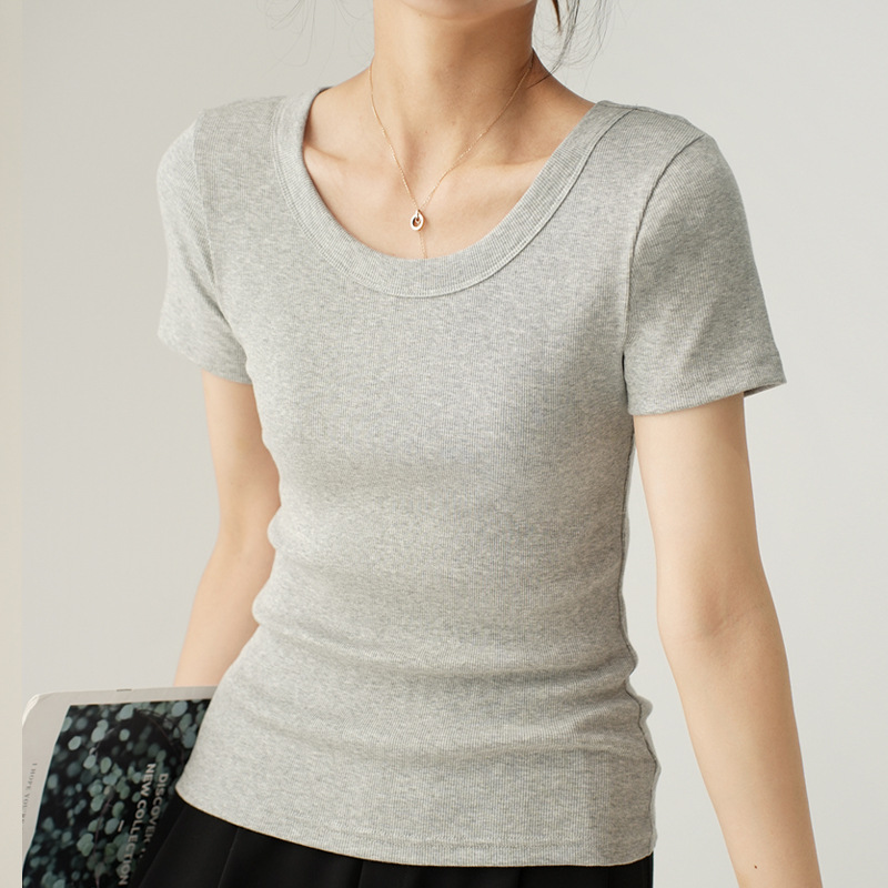 Women Casual Basic Comfortable Cotton U Neck Short Sleeve Rib-Knit T-Shirt