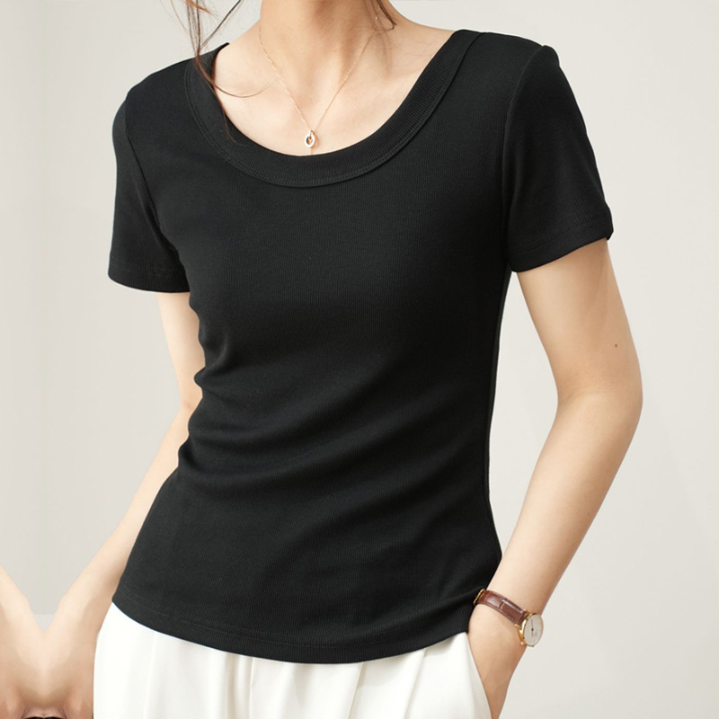 Women Casual Basic Comfortable Cotton U Neck Short Sleeve Rib-Knit T-Shirt