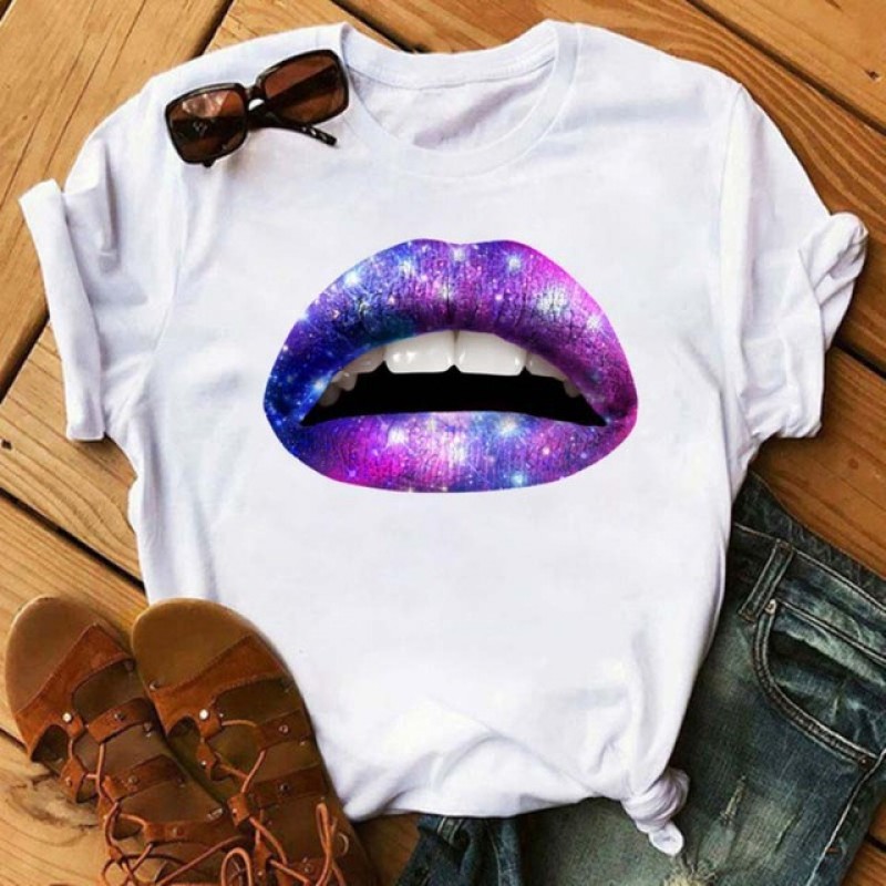 Women Fashion Lips Lipstick Floral Print Round Neck Short Sleeve T-Shirt