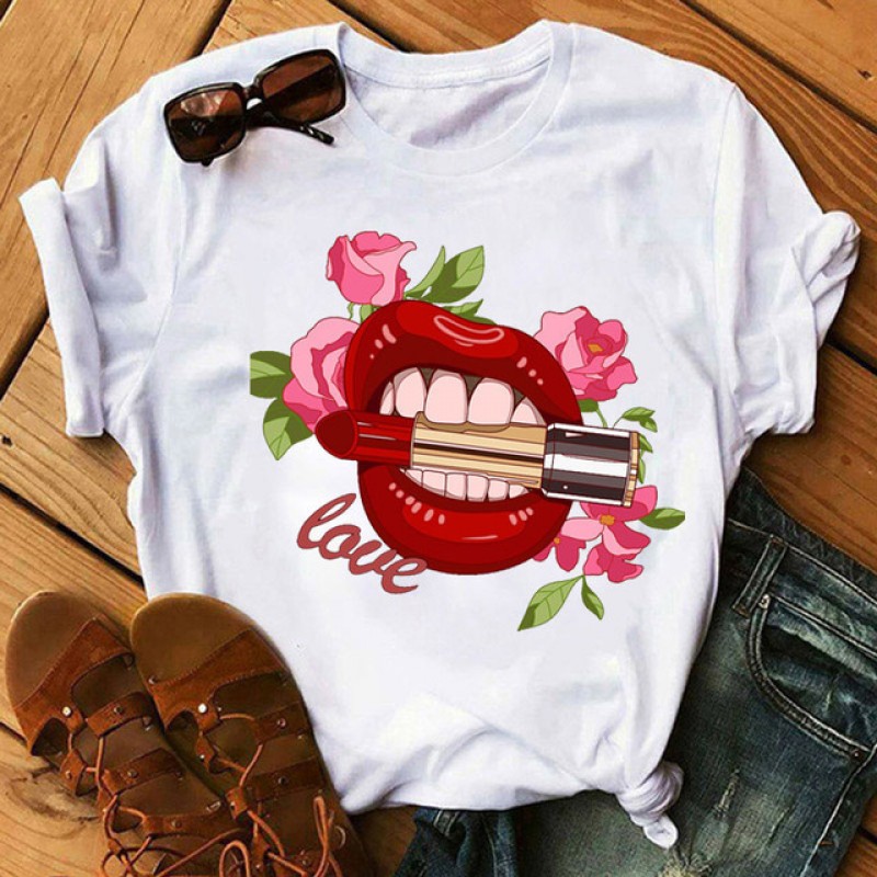 Women Fashion Lips Lipstick Floral Print Round Neck Short Sleeve T-Shirt