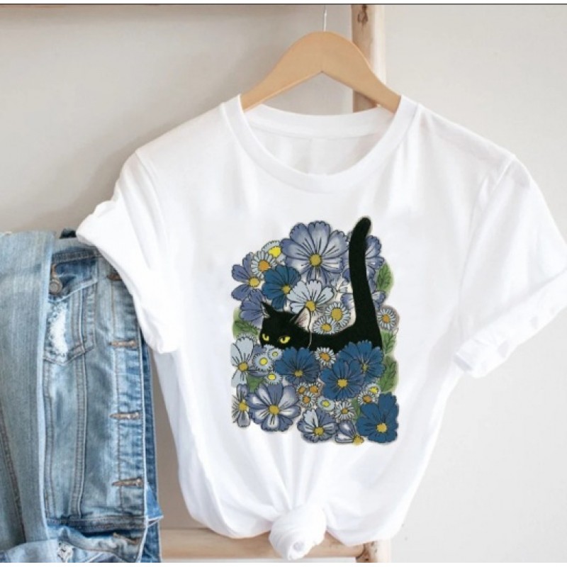 Women Fashion Lips Lipstick Floral Print Round Neck Short Sleeve T-Shirt