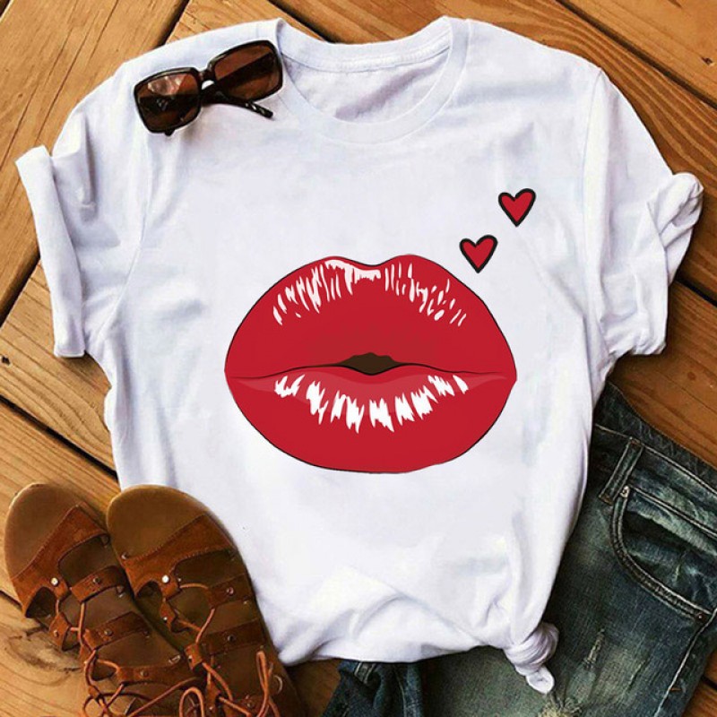 Women Fashion Lips Lipstick Floral Print Round Neck Short Sleeve T-Shirt