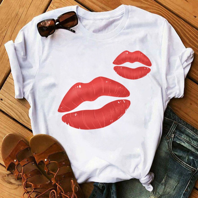 Women Fashion Lips Lipstick Floral Print Round Neck Short Sleeve T-Shirt