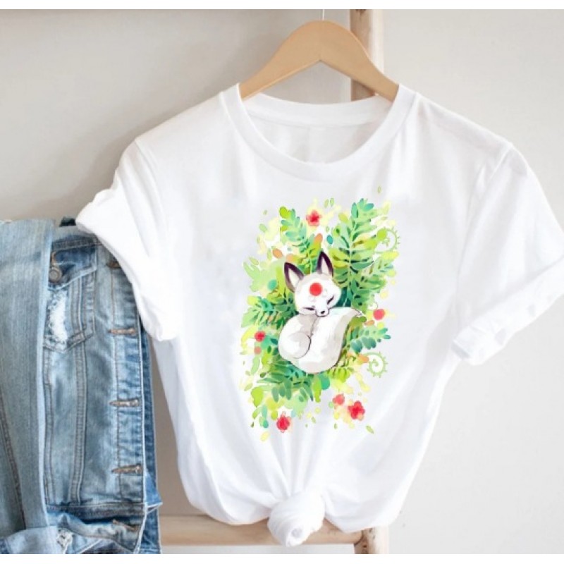 Women Fashion Lips Lipstick Floral Print Round Neck Short Sleeve T-Shirt