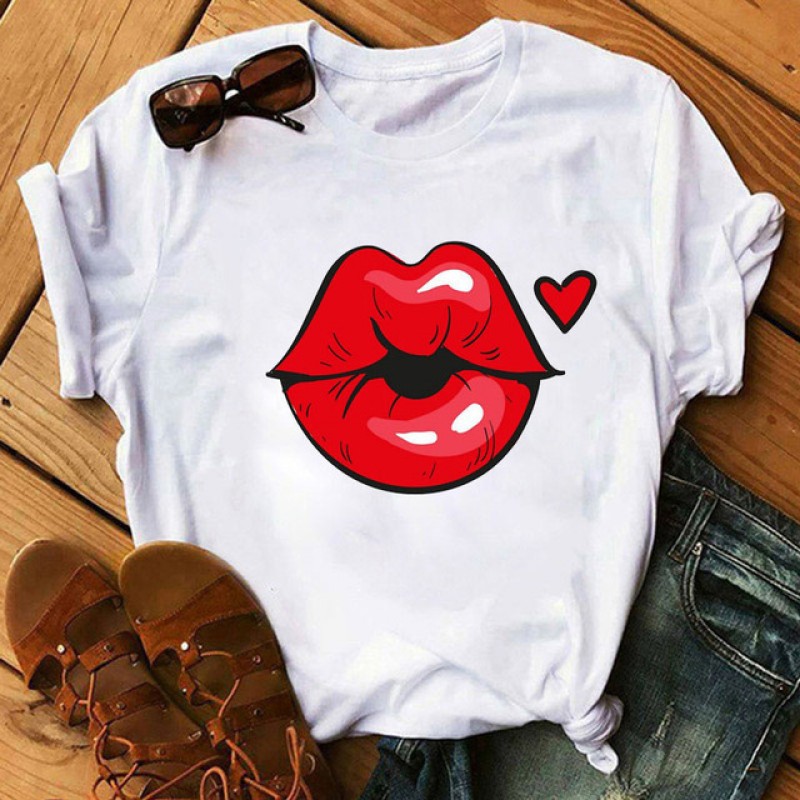 Women Fashion Lips Lipstick Floral Print Round Neck Short Sleeve T-Shirt