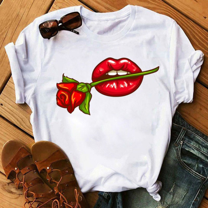 Women Fashion Lips Lipstick Floral Print Round Neck Short Sleeve T-Shirt