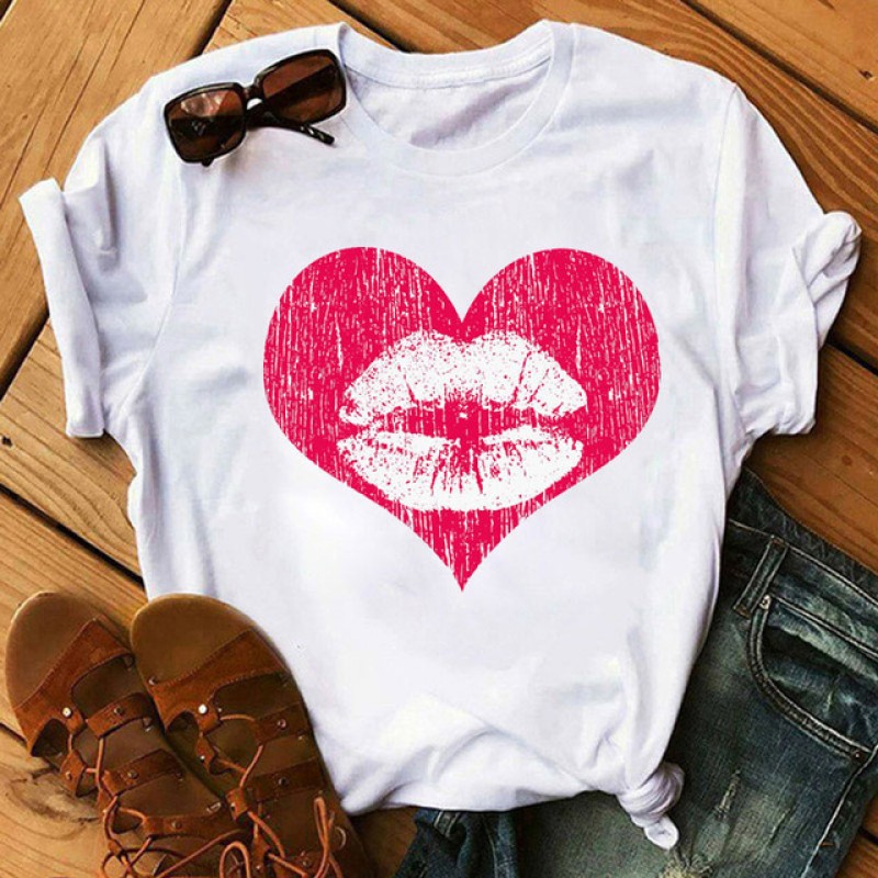 Women Fashion Lips Lipstick Floral Print Round Neck Short Sleeve T-Shirt