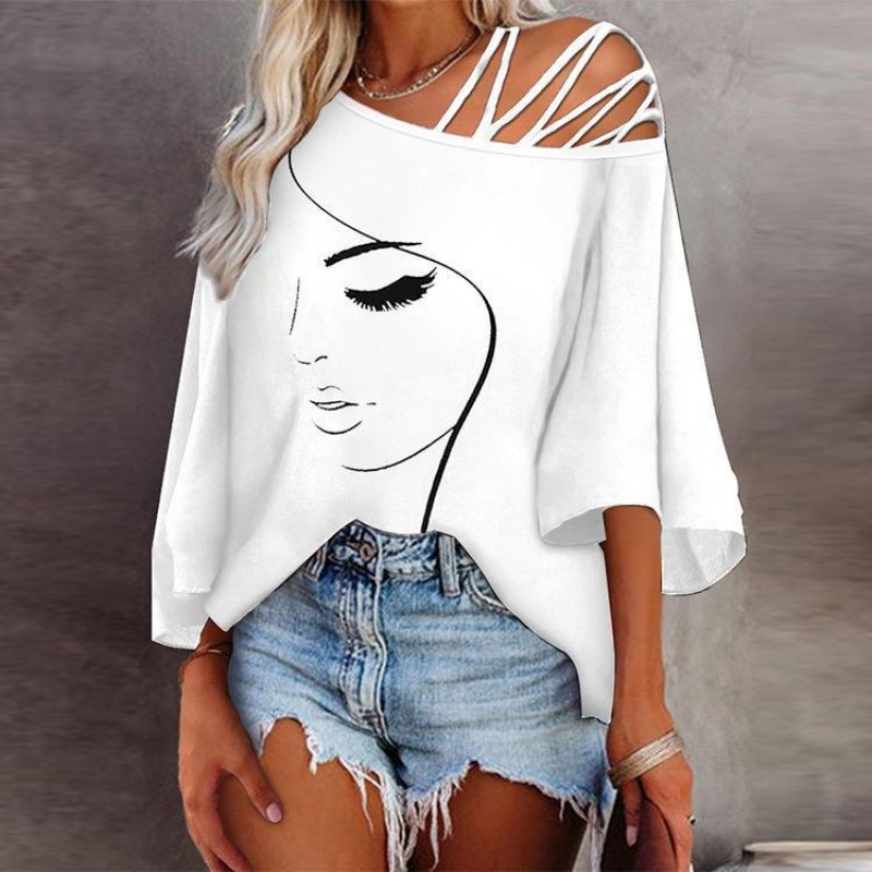 Spring And Summer Fashion Loose Oblique Collar Casual Graphic Printed Blouse