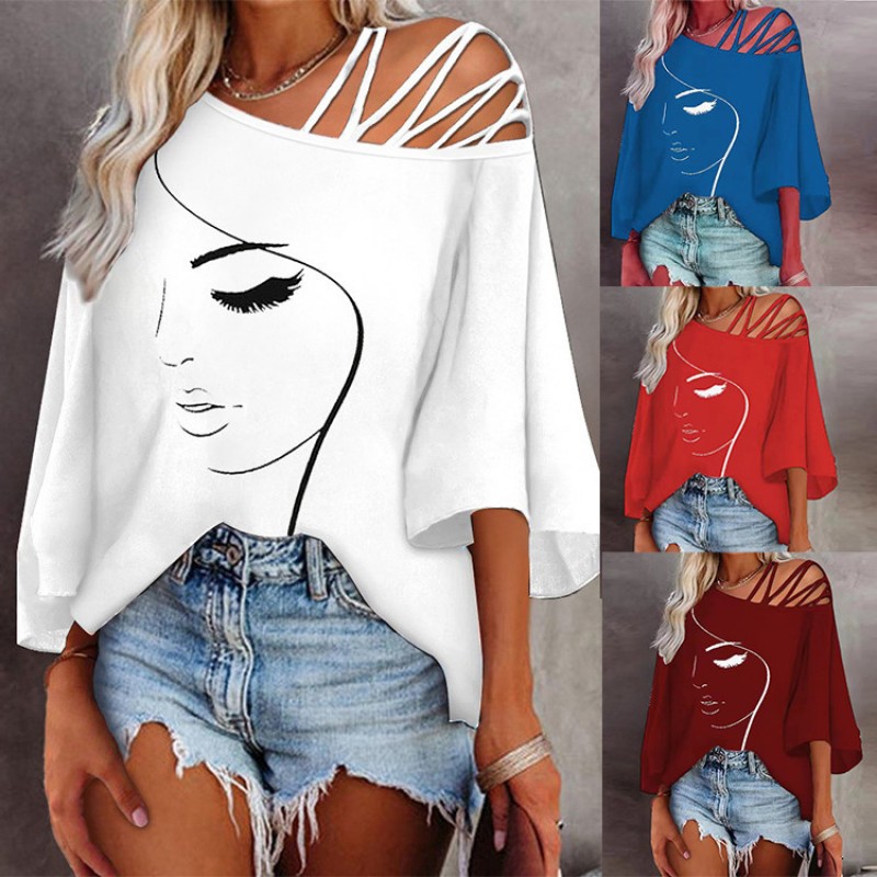 Spring And Summer Fashion Loose Oblique Collar Casual Graphic Printed Blouse