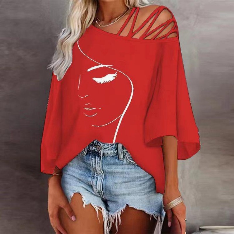 Spring And Summer Fashion Loose Oblique Collar Casual Graphic Printed Blouse