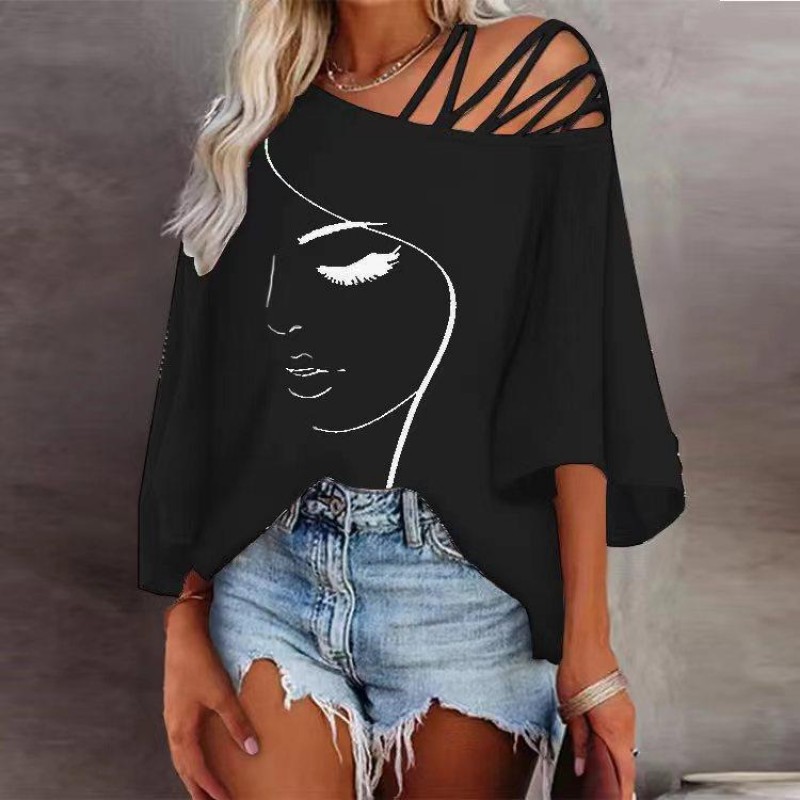 Spring And Summer Fashion Loose Oblique Collar Casual Graphic Printed Blouse