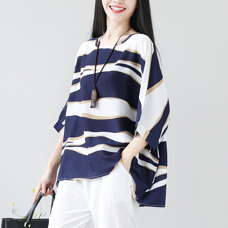 Summer Women Casual Loose Stripe Print Top