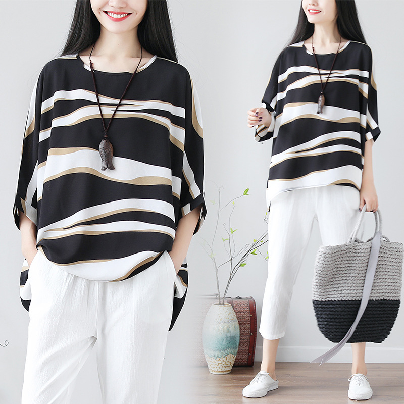 Summer Women Casual Loose Stripe Print Top