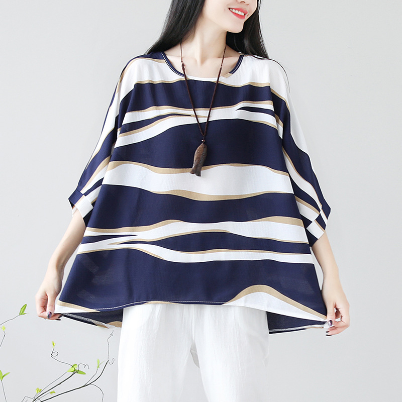 Summer Women Casual Loose Stripe Print Top