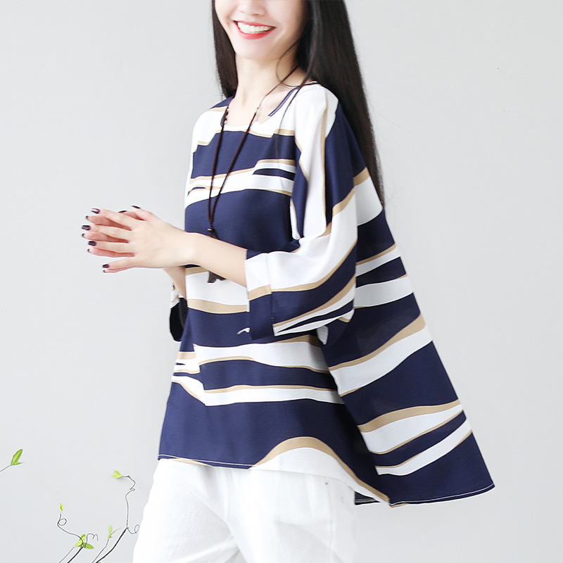 Summer Women Casual Loose Stripe Print Top