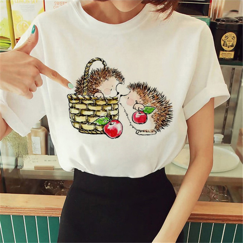 Women Cartoon Cute Hedgehog Floral Print Round Neck Short Sleeve T-Shirt