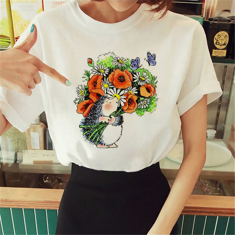 Women Cartoon Cute Hedgehog Floral Print Round Neck Short Sleeve T-Shirt