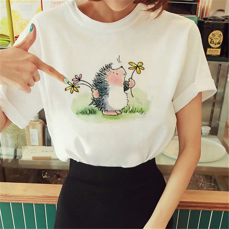 Women Cartoon Cute Hedgehog Floral Print Round Neck Short Sleeve T-Shirt