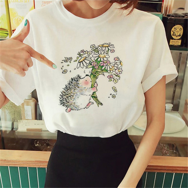 Women Cartoon Cute Hedgehog Floral Print Round Neck Short Sleeve T-Shirt