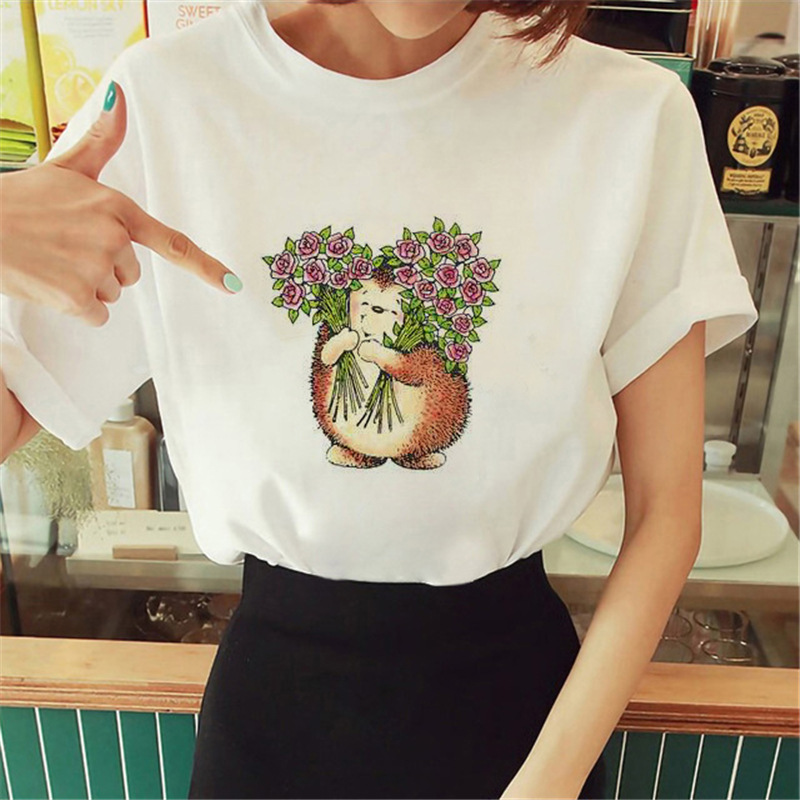 Women Cartoon Cute Hedgehog Floral Print Round Neck Short Sleeve T-Shirt