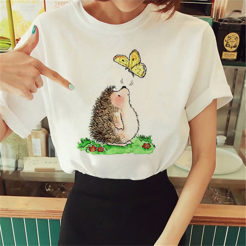 Women Cartoon Cute Hedgehog Floral Print Round Neck Short Sleeve T-Shirt